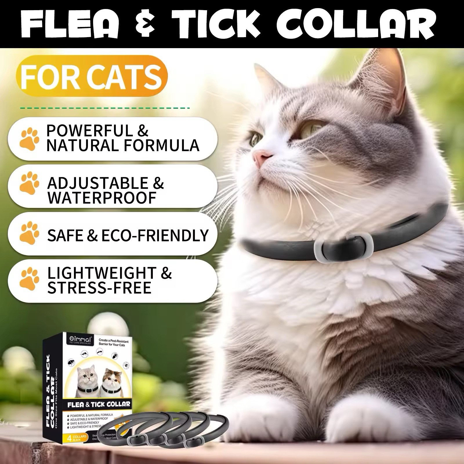 Cat Flea Collar Treatment Pet Adjustable 24 Month Protection 4 PACK black COLLAR