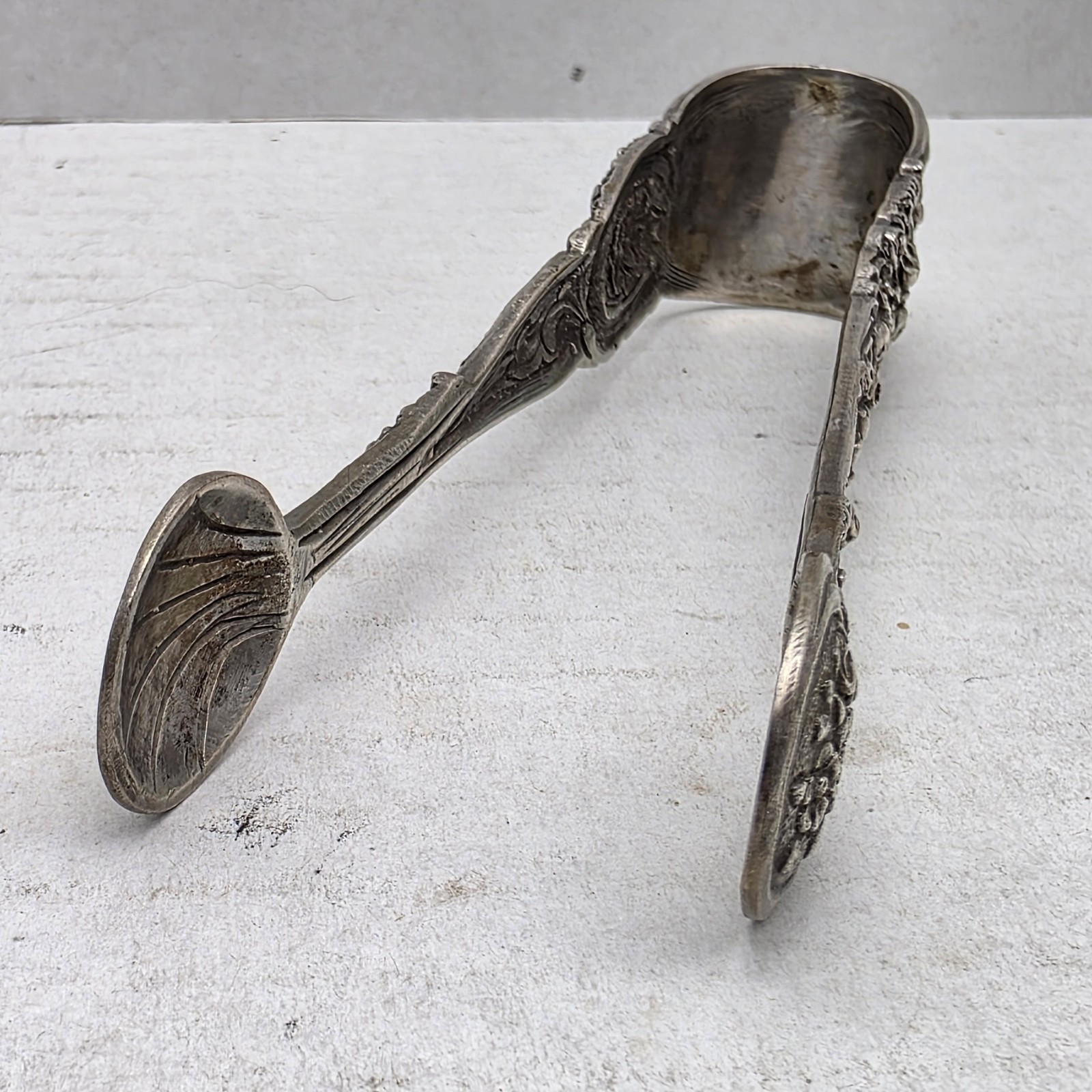 Antique German 830 Silver Sugar Tongs - Ornate Hildesheimer Rose Pattern - 4"