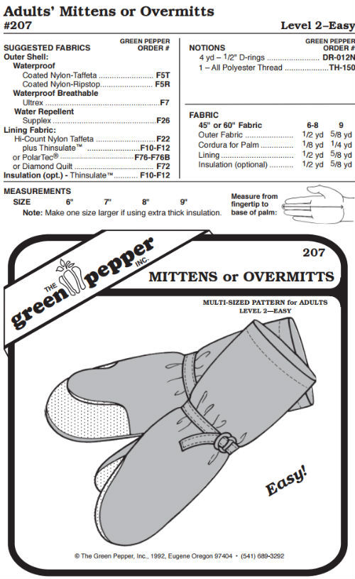 Adult's Overmitts Insulated Mittens #207 Sewing Pattern (Pattern Only) gp207