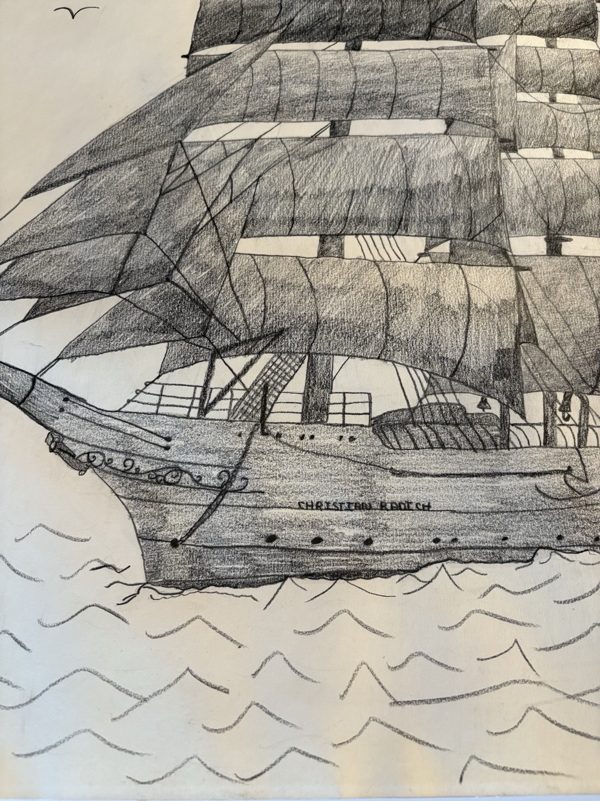 Pencil Drawing Norwegian Full Rigged Tall Sailing Ship Christian Radich Signed