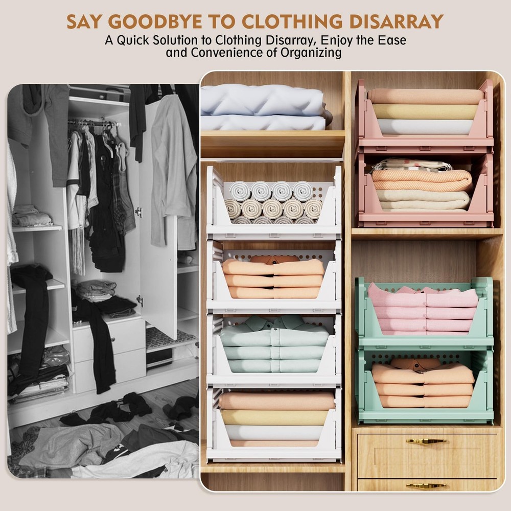 SNSLXH 5 Pack Stackable Closet Storage Basket, Multifunctional & Foldable Closet