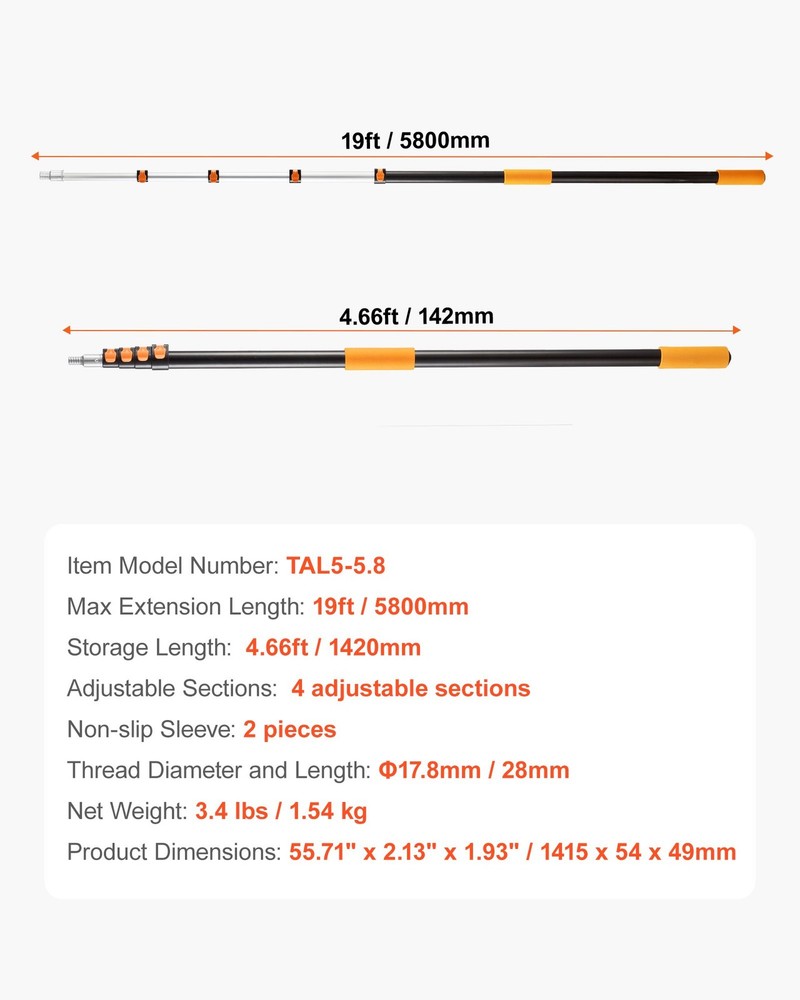 HOT/ Telescopic Extension Pole,4.66-19 FT Multi-Purpose Extendable Pole,Sturdy