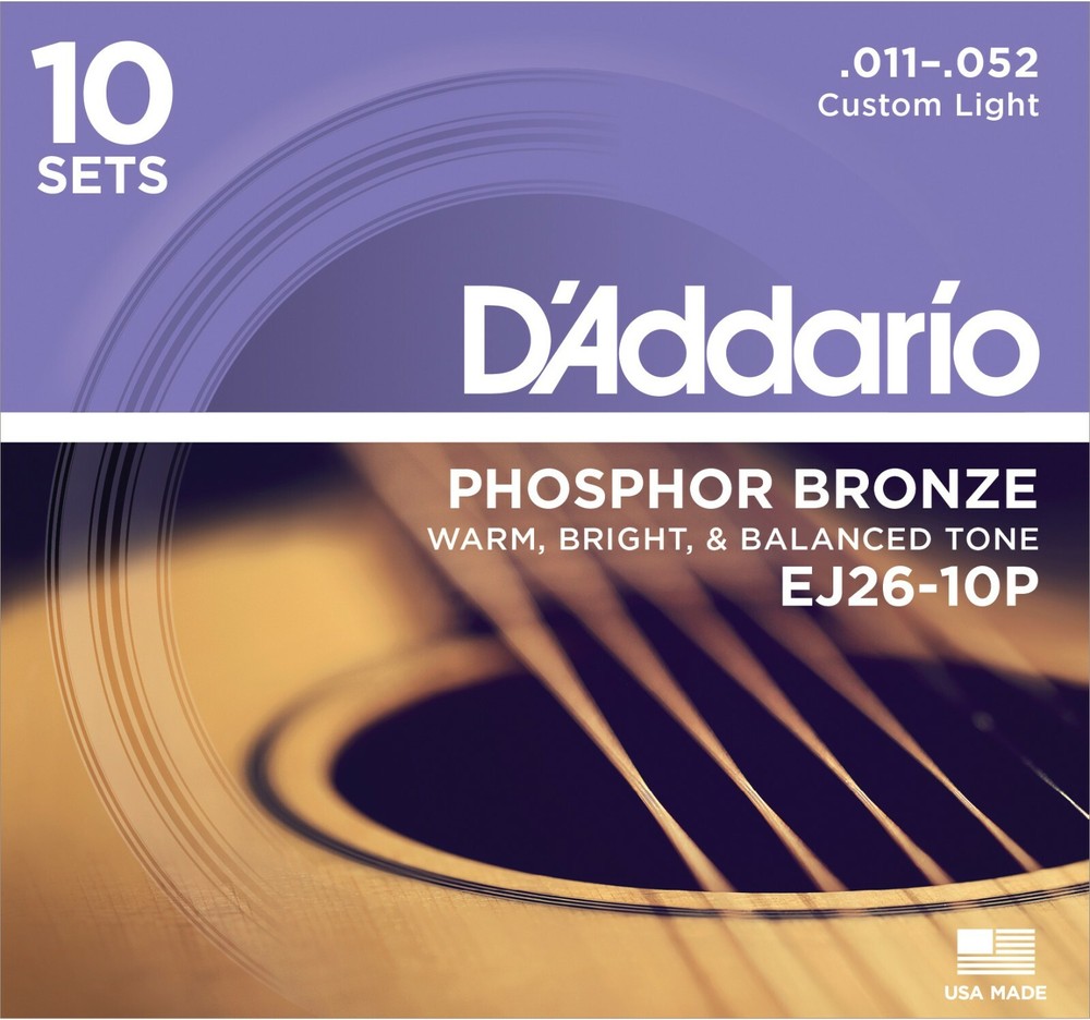 10 Sets D'Addario EJ26-10P Acoustic Guitar Strings Phosphor Bronze custom light