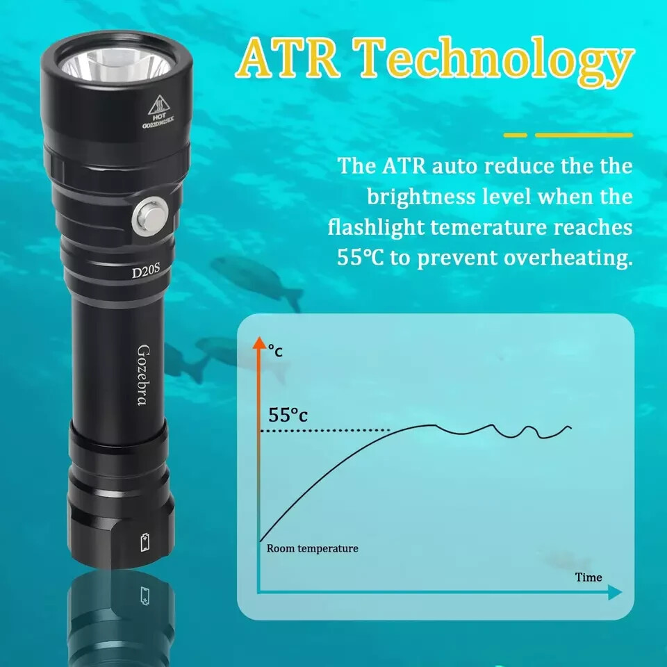 Dive Light, D20S 2000 Lumen Super Bright Scuba Diving Flashlight, Rechargeable D