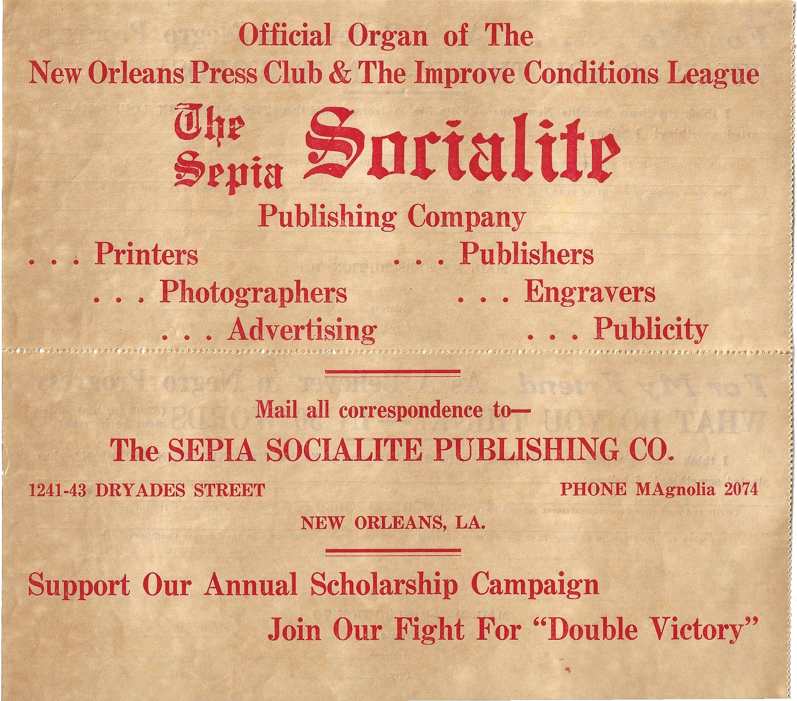 c1940~The Sepia Socialite~New Orleans African American Pub. Co. Flyer “DOUBLE V”