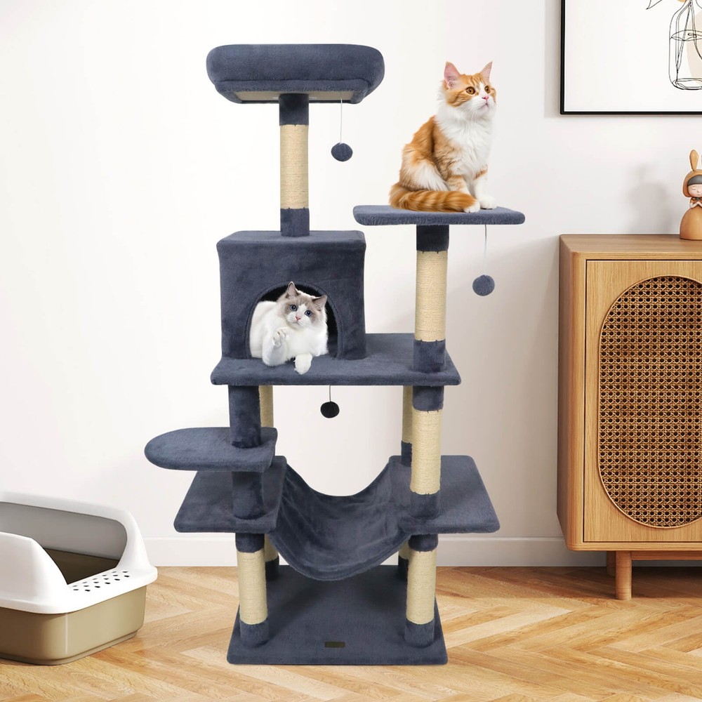 58” Tall Multi-level Cat Tree w/Upholstered Perch & Cat Condo, Comfy Hammock