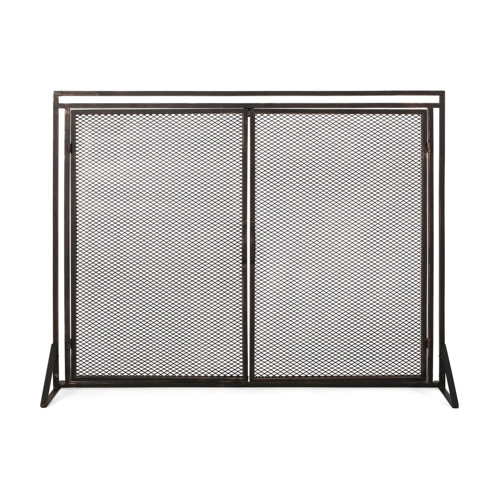 40" Iron Fireplace Screen Matte Black, Modern Single Panel with 2 Access Doors