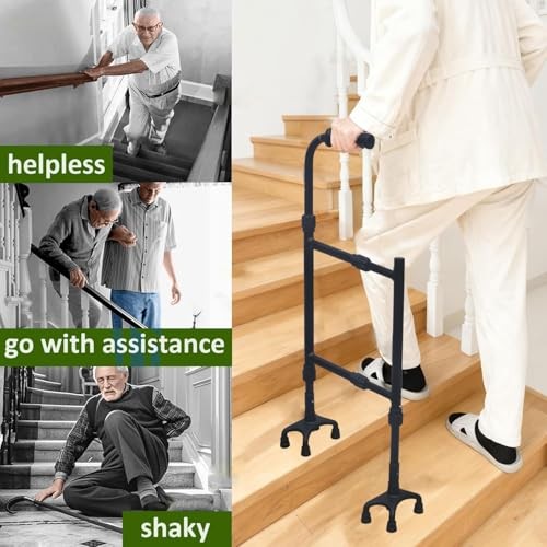Height & Width Adjustable Stair Assist Cane -12-Level Adjustable Black