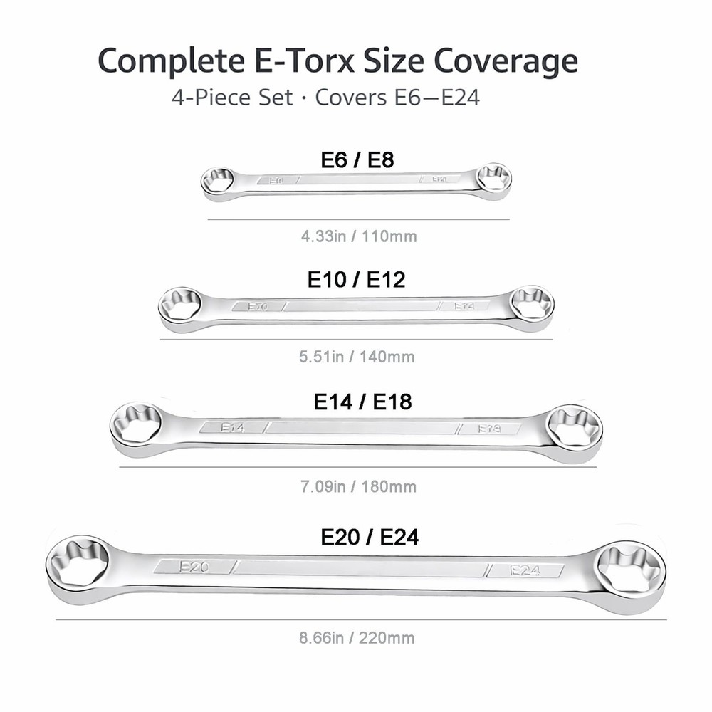 YKFLEXT E Torx Wrench Set, Double Box End Wrenches, E6-E24 Silver