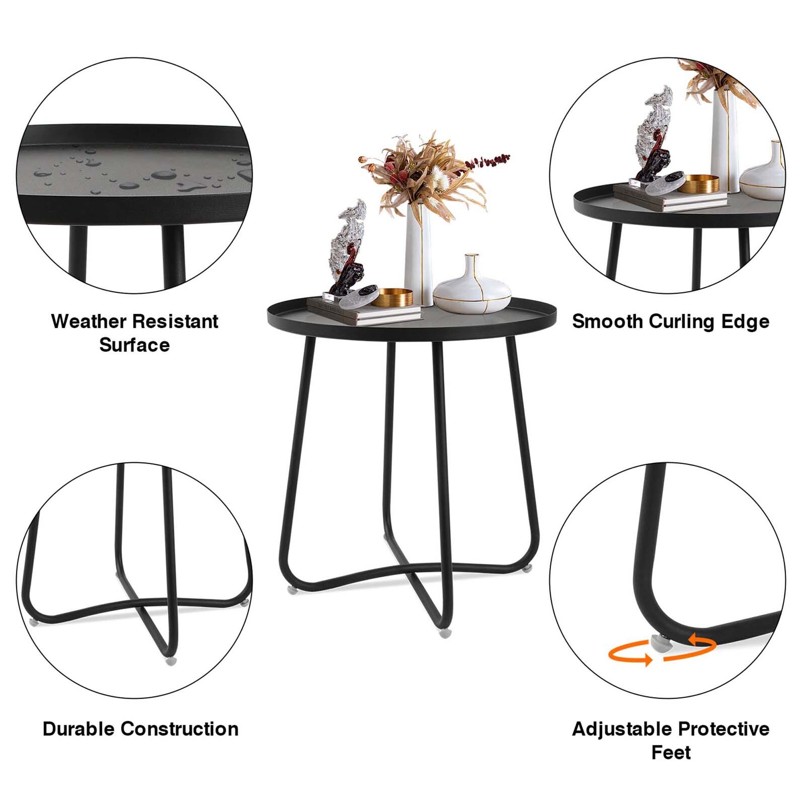 Patio Outdoor Side Tables Small Round Metal End Table Portable Garden Black