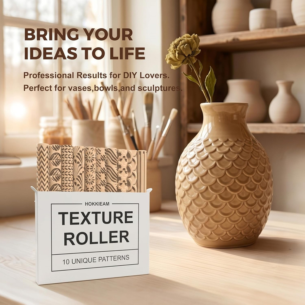 Clay Texture Rollers | 10-Pack Polymer Clay Texture Roller Set for Pottery & Cra