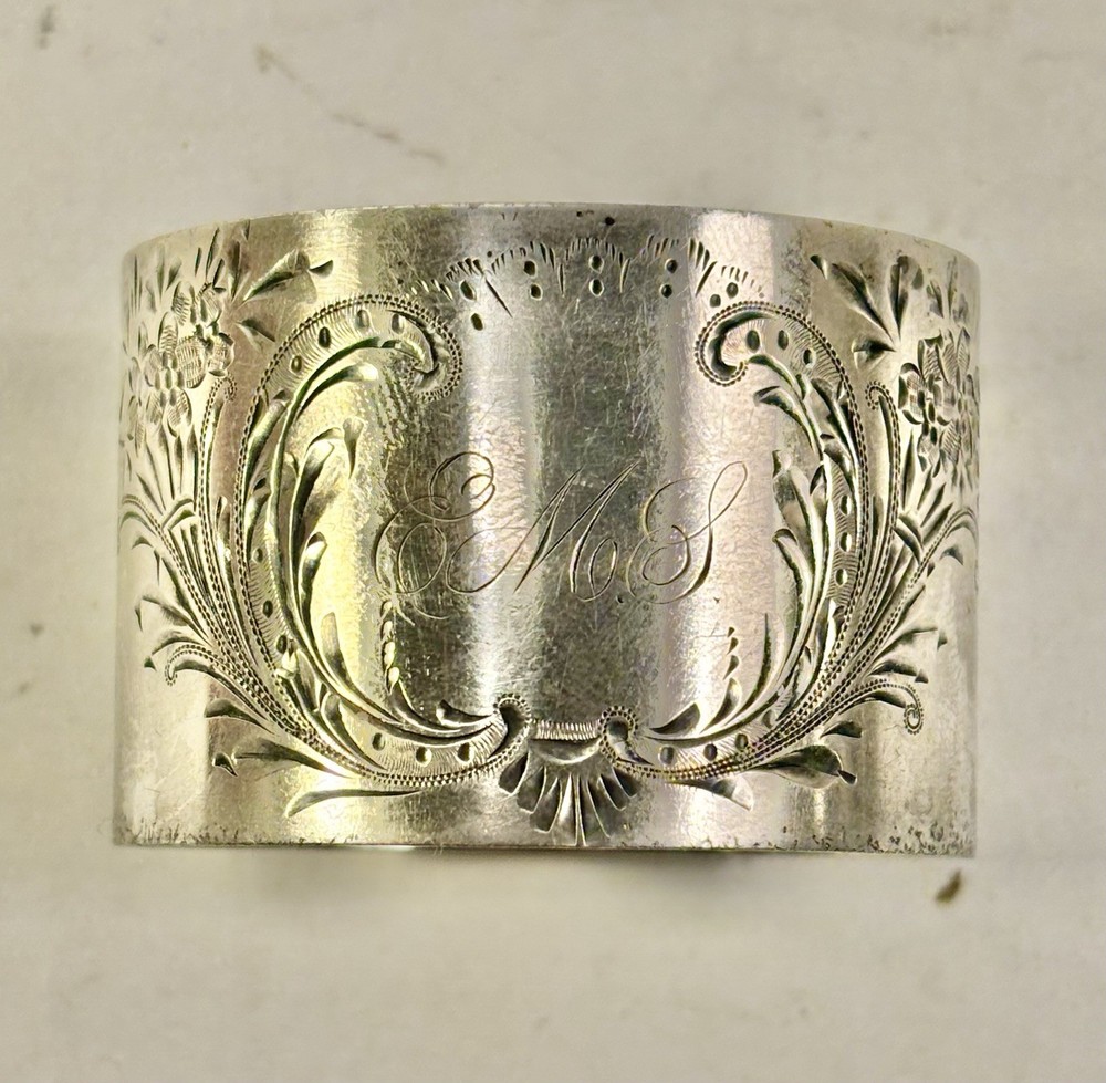 Antique Whiting Sterling Silver Round Napkin Ring Engraved Design with Initials