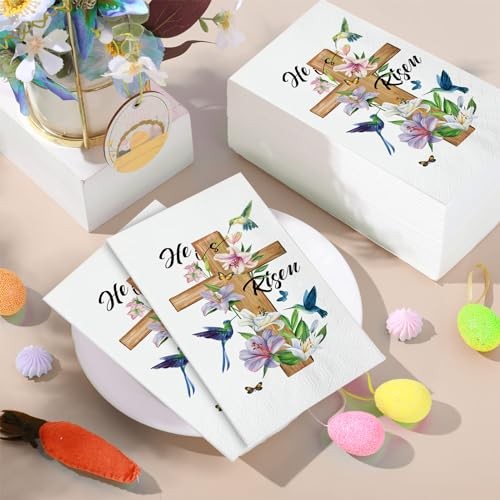 100 Pcs He Is Risen Napkins Bulk Spring Easter Dinner Napkins Jesus Cross