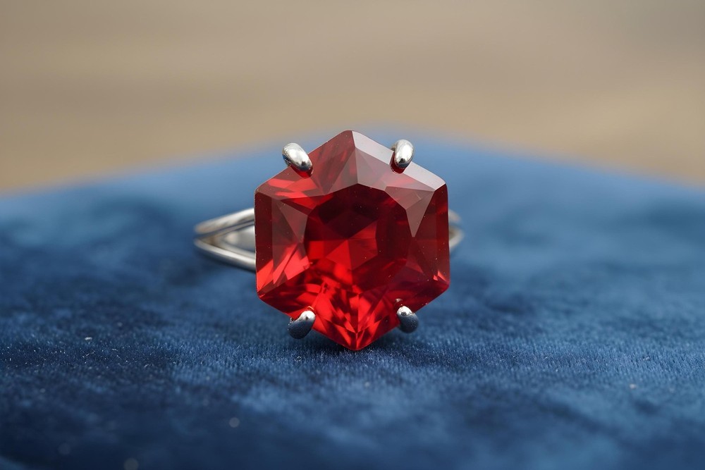 Ruby Silver Ring Anemone Handmade Hexagon Cut 16mm Sterling Jewelry