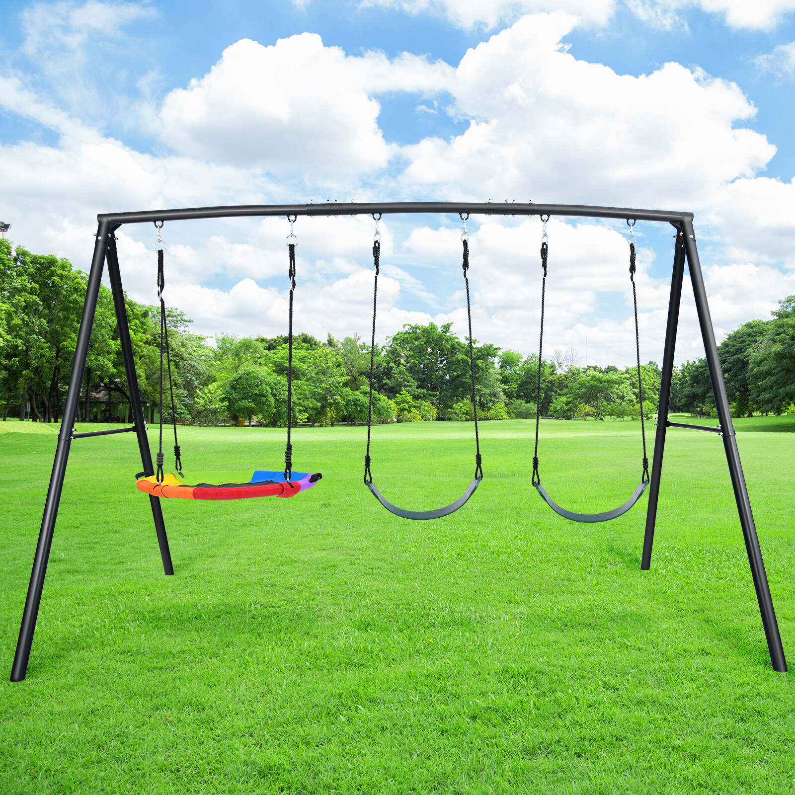600lb Metal Swing Set Heavy Duty Frame Kids Adult Backyard Playset with 3 Swings