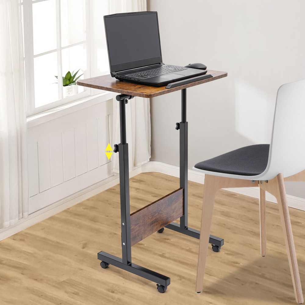 Mobile Workstation Standing Desk Rolling Laptop Desk Adjustable Height Brown