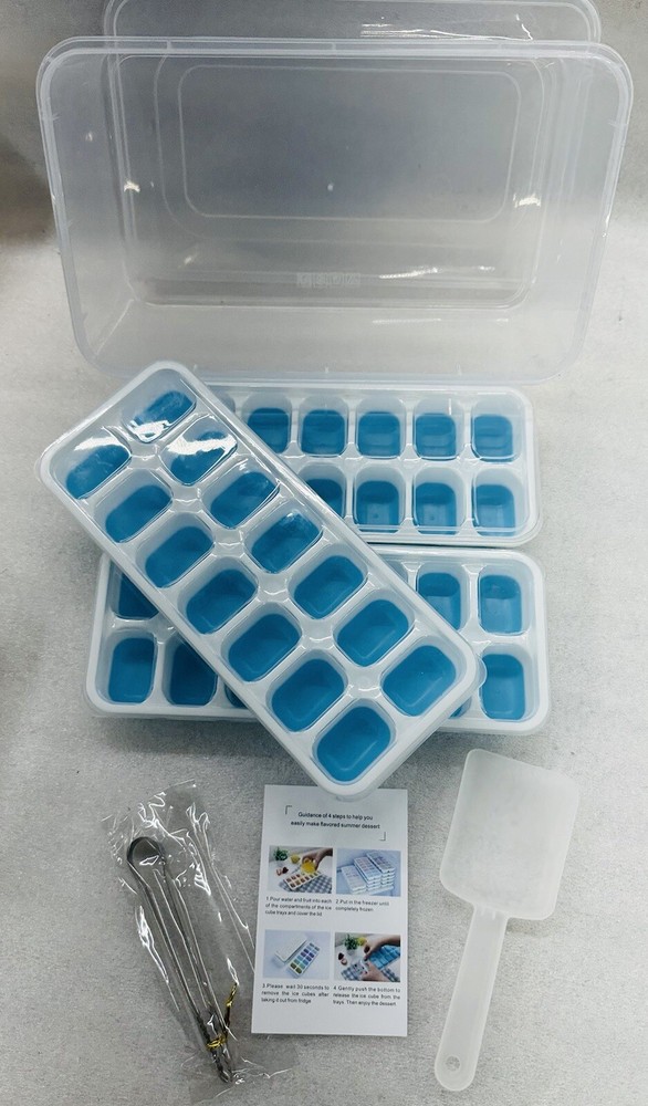 ICE CUBE TRAY w/ Silicone Bottom & Lids - Stackable - 3 Pack w/ Extras NEW