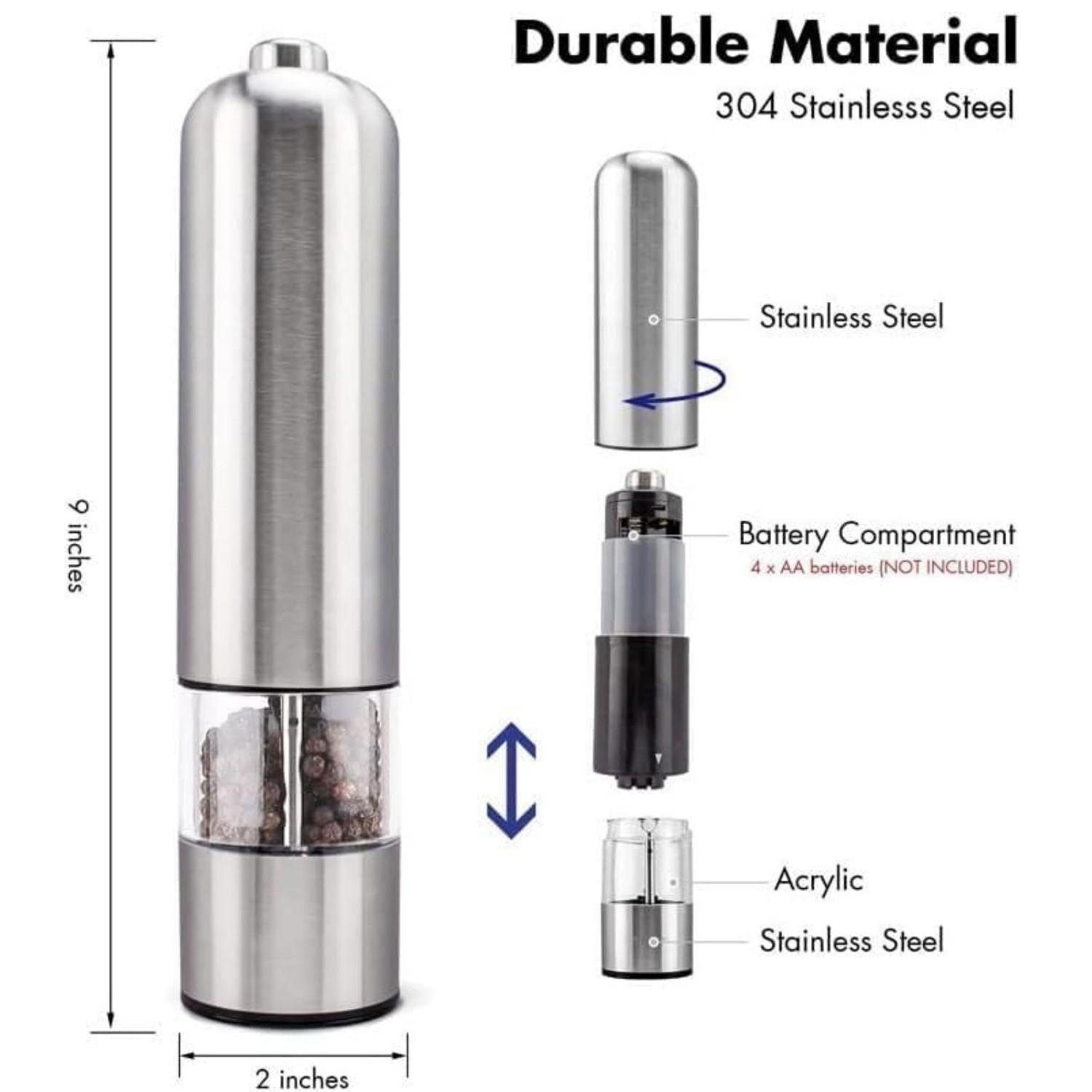 2x Light Up Electric Salt & Pepper Mill Stainless Steel Electronic Grinder Pots