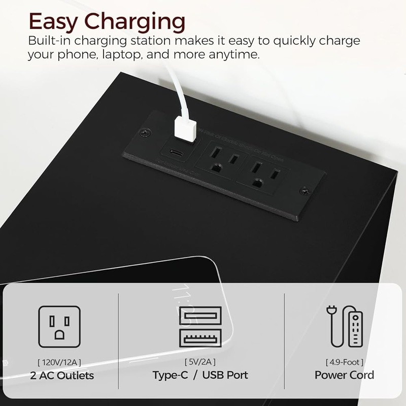 Narrow Nightstand Charging Station LED Sensor Light Modern Side Table Storage US