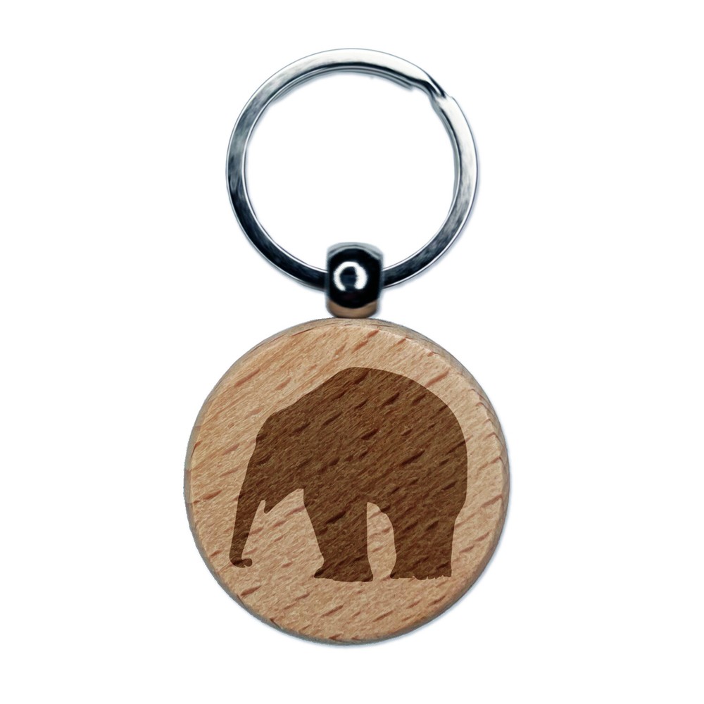 Elephant Side View Solid Engraved Wood Round Keychain Tag Charm