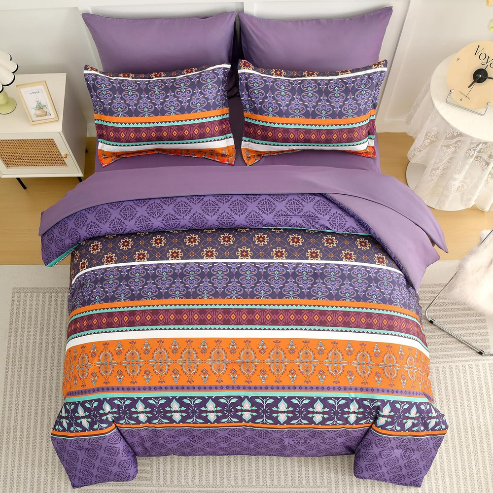 Boho Comforter Set King Size,7 Pieces Bohemian Striped Bedding Comforter Set Bed