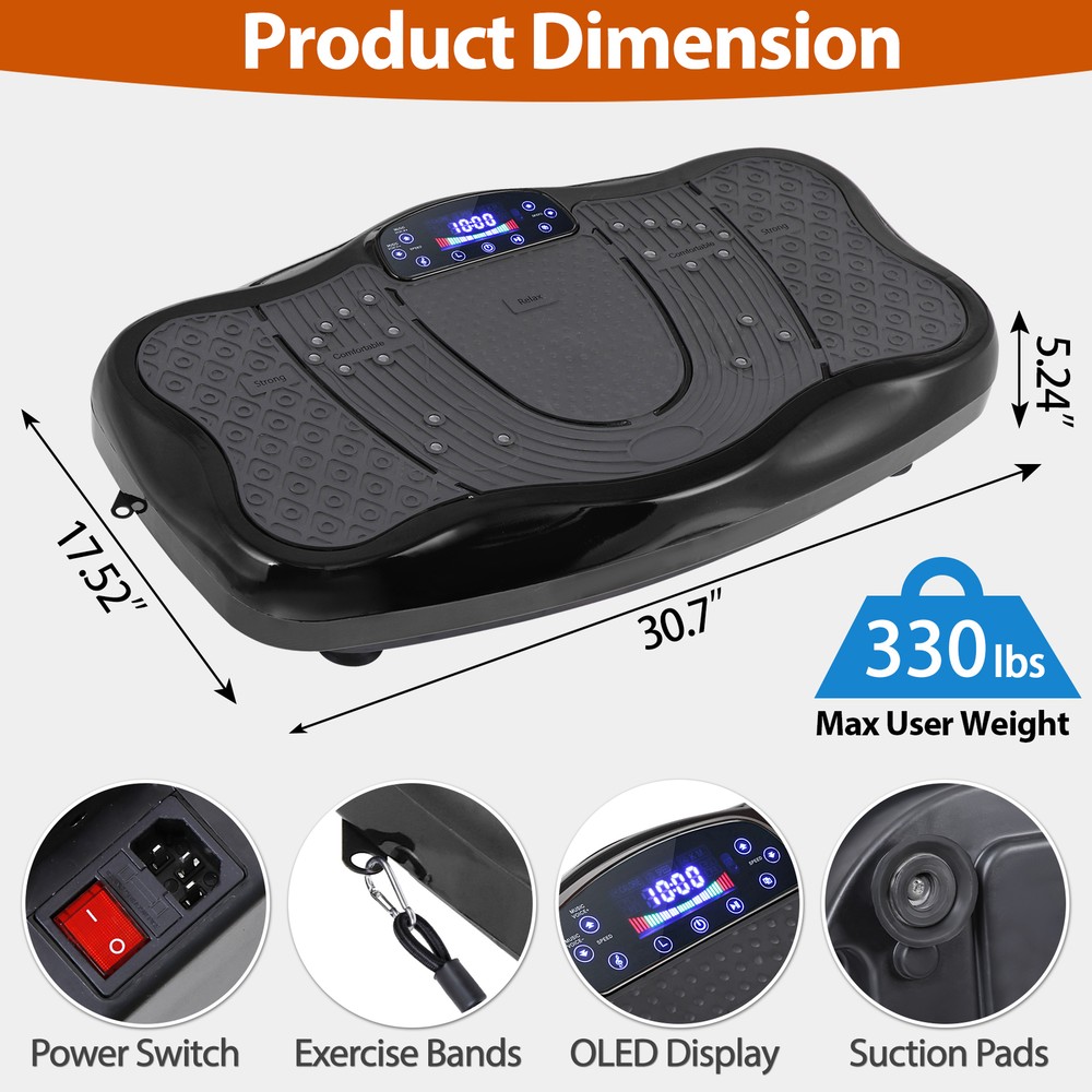 Full Body Workout Vibration Platform Machine wi/ Loop Bands Remote Control Black