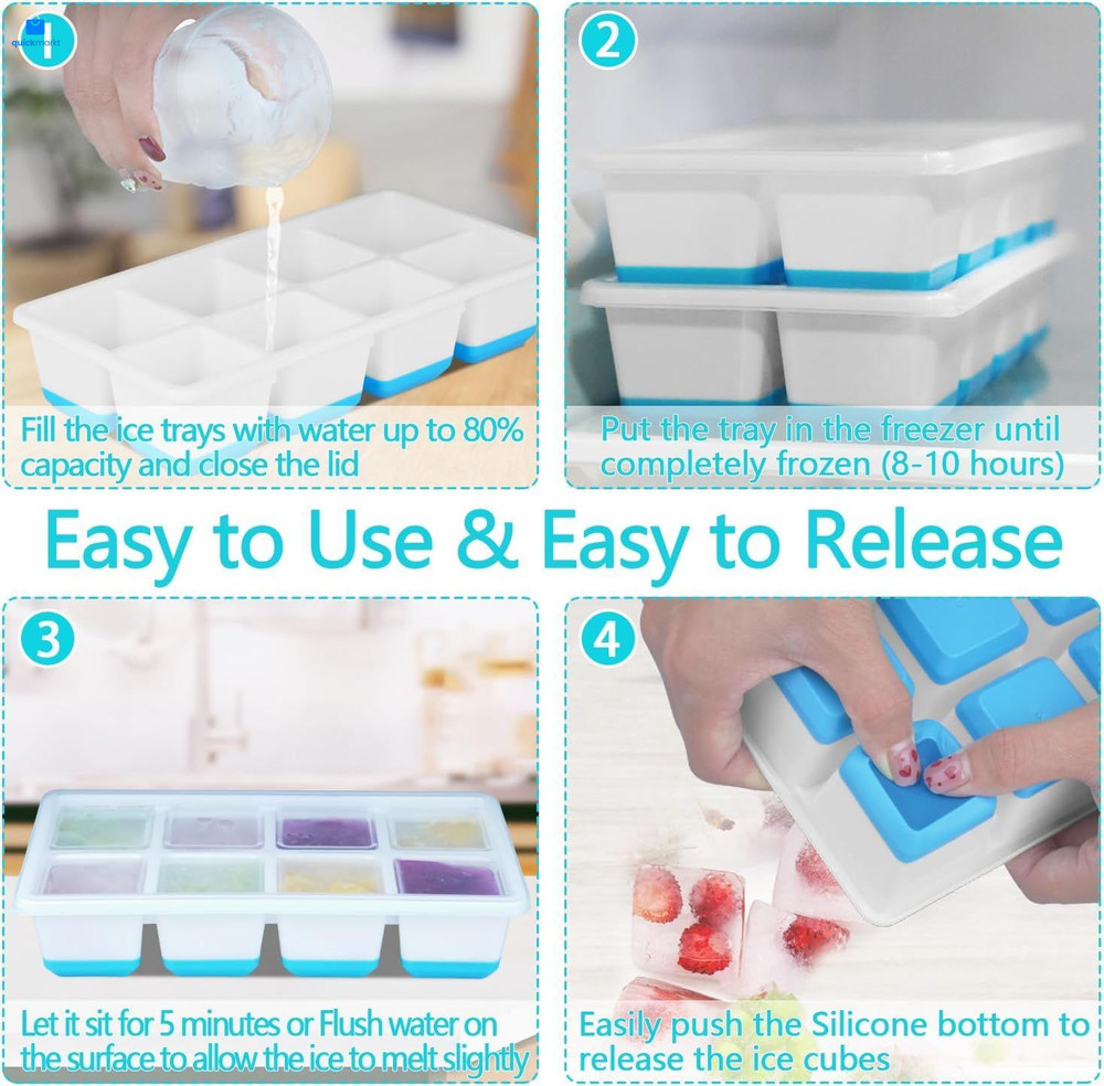 Large Ice Cube Trays 2 Pack, Silicone Easy-Release and Large, Blue White