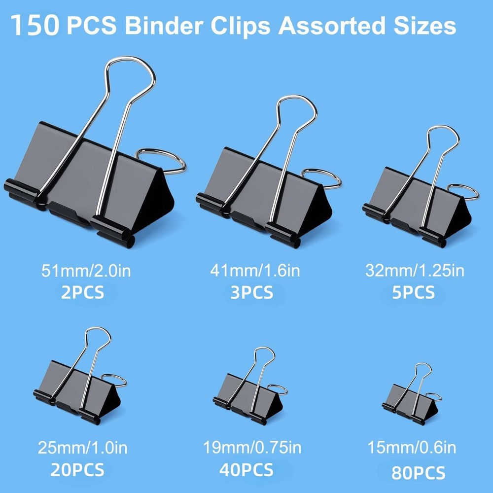 150 PCS Binder Clips Assorted Sizes, Extra Large Medium Small Sizes