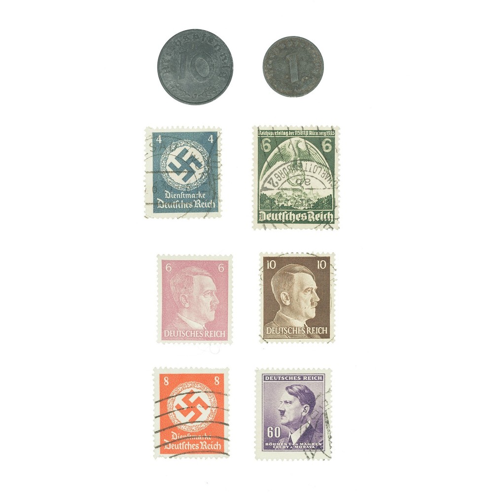 8 diff. WW2 Germany 2 Coins and 6 Stamps