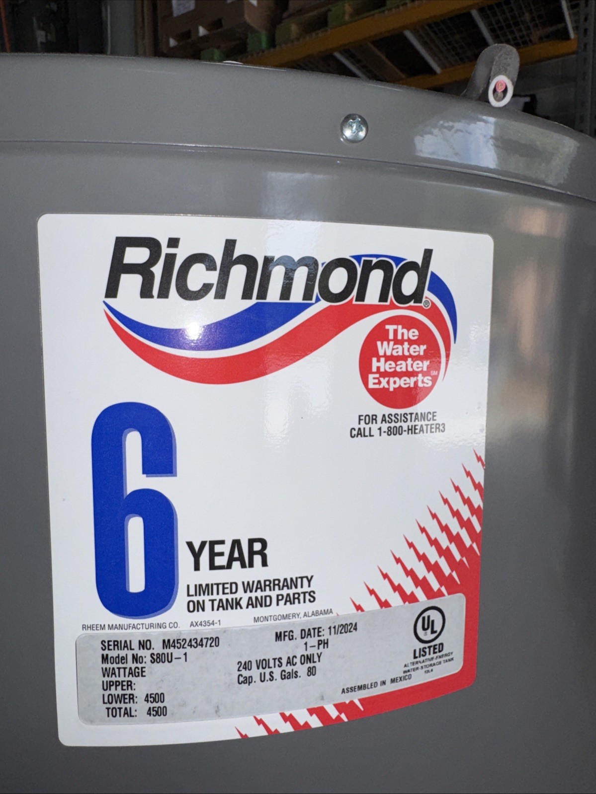 Richmond Solar Electric 80 Gallon Water Heater S80U-1