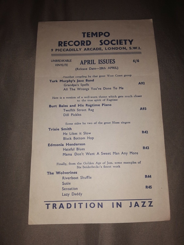 TEMPO Record Society flyer 1940's