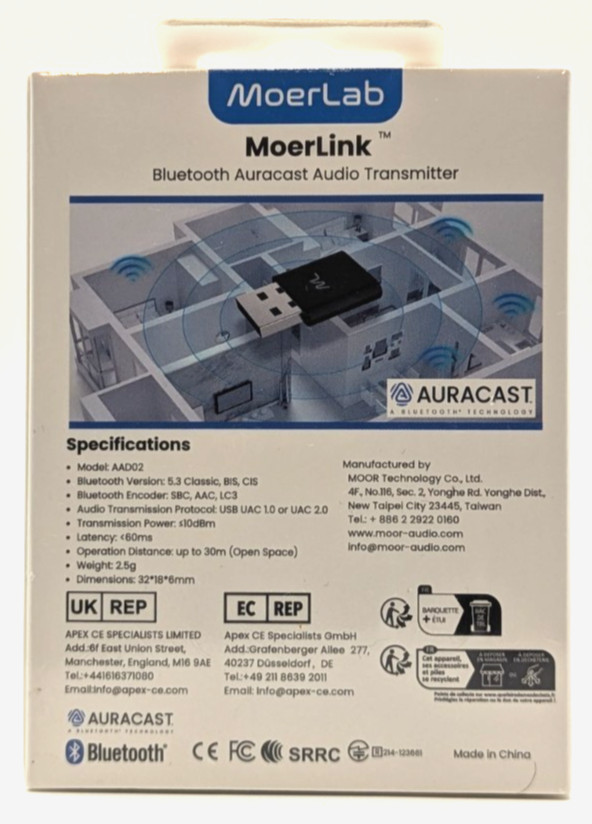 MoerLink Bluetooth Auracast Audio Transmitter, Transmit via Auracast & Bluetooth