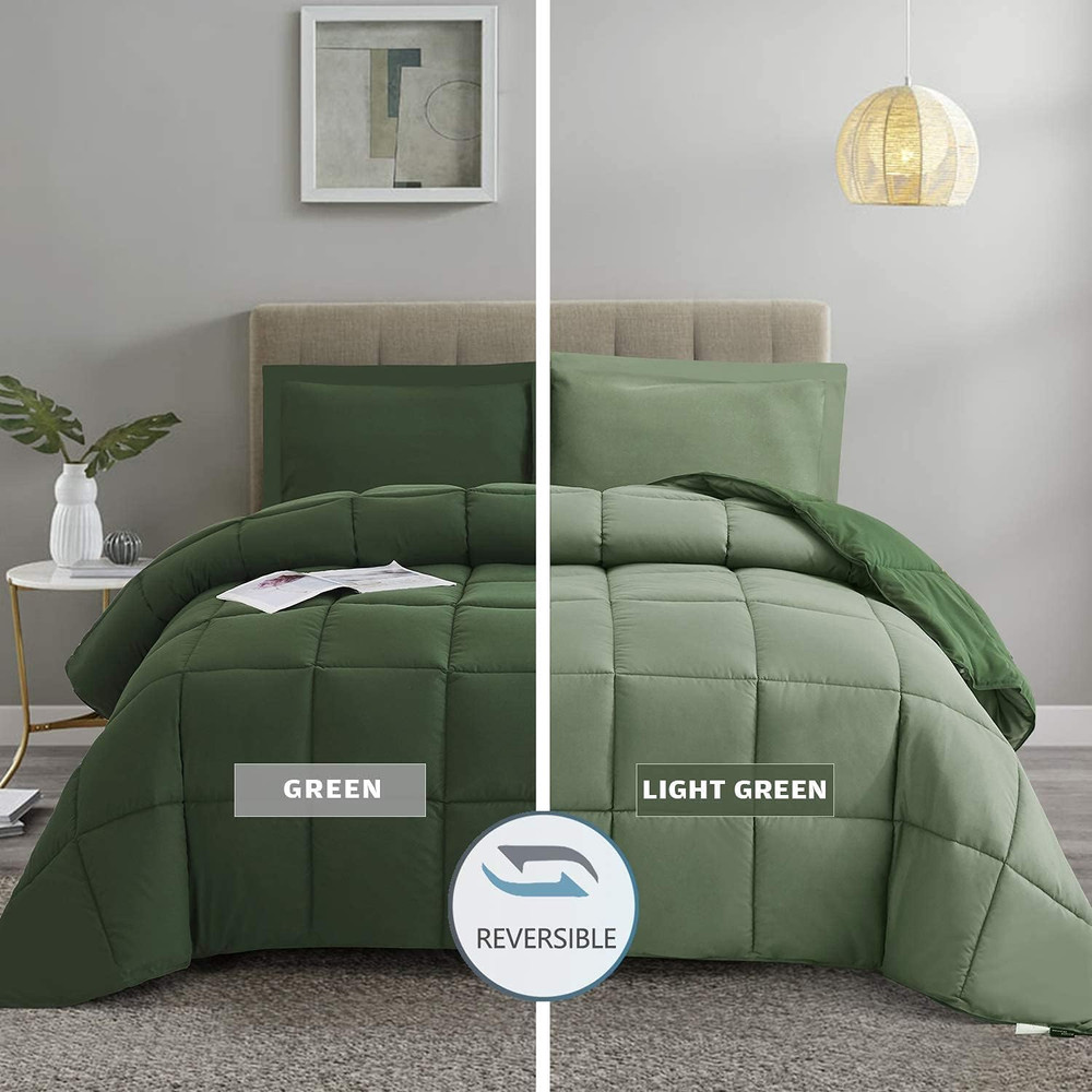 3Pc Green Queen Size Comforter Set - All Season Reversible down Alternative Comf