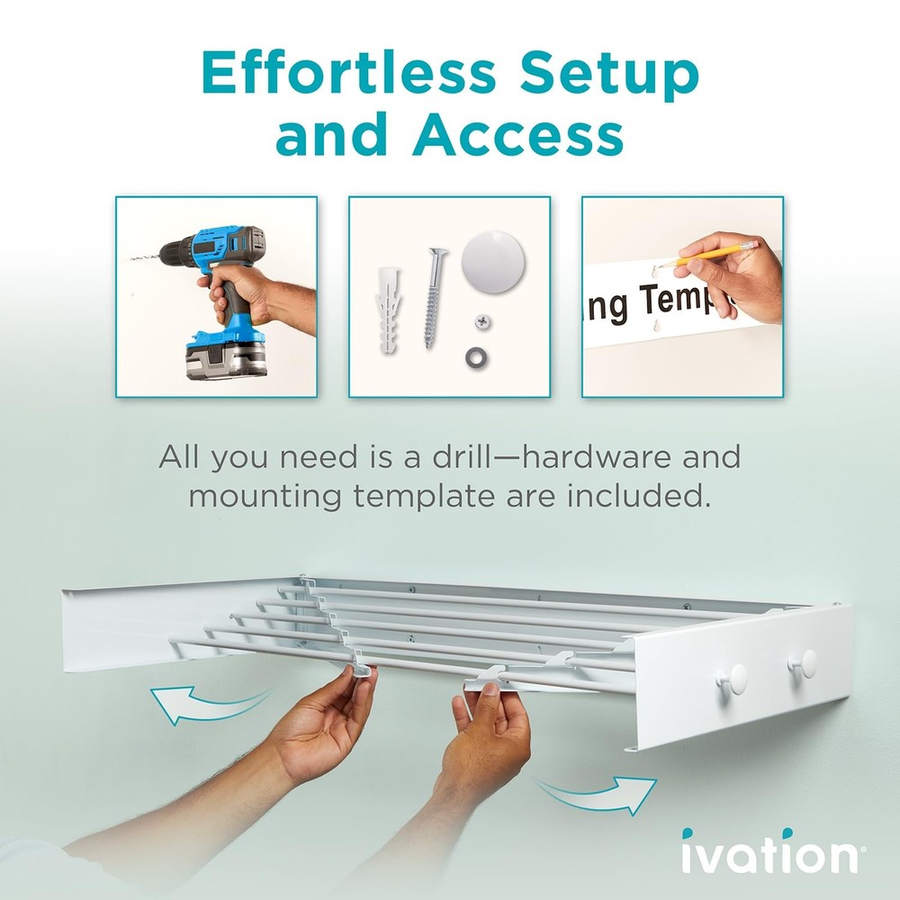 Ivation Retractable Wall Mounted Clothes Drying Rack - 32" Foldable Drying Rack