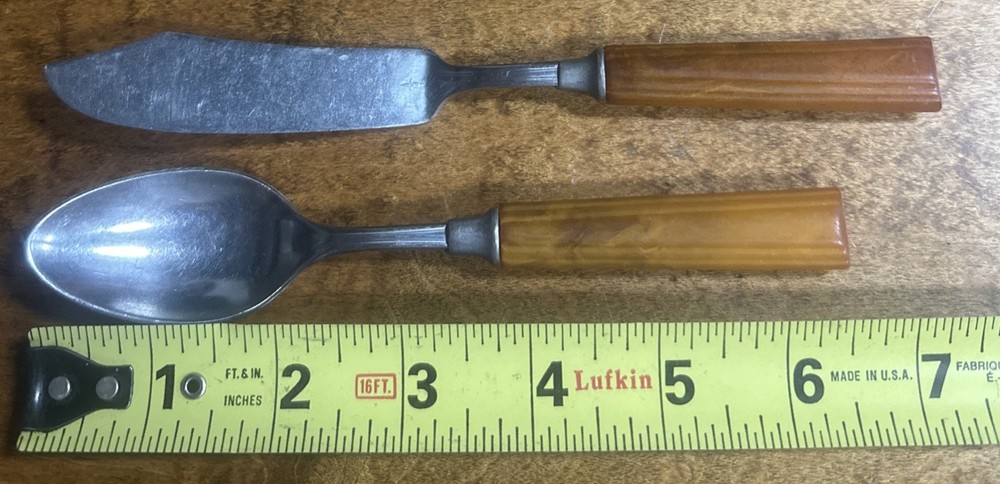 Vintage Bakelite Spoon & Spreader Butterscotch Flatware Silverware Stainless
