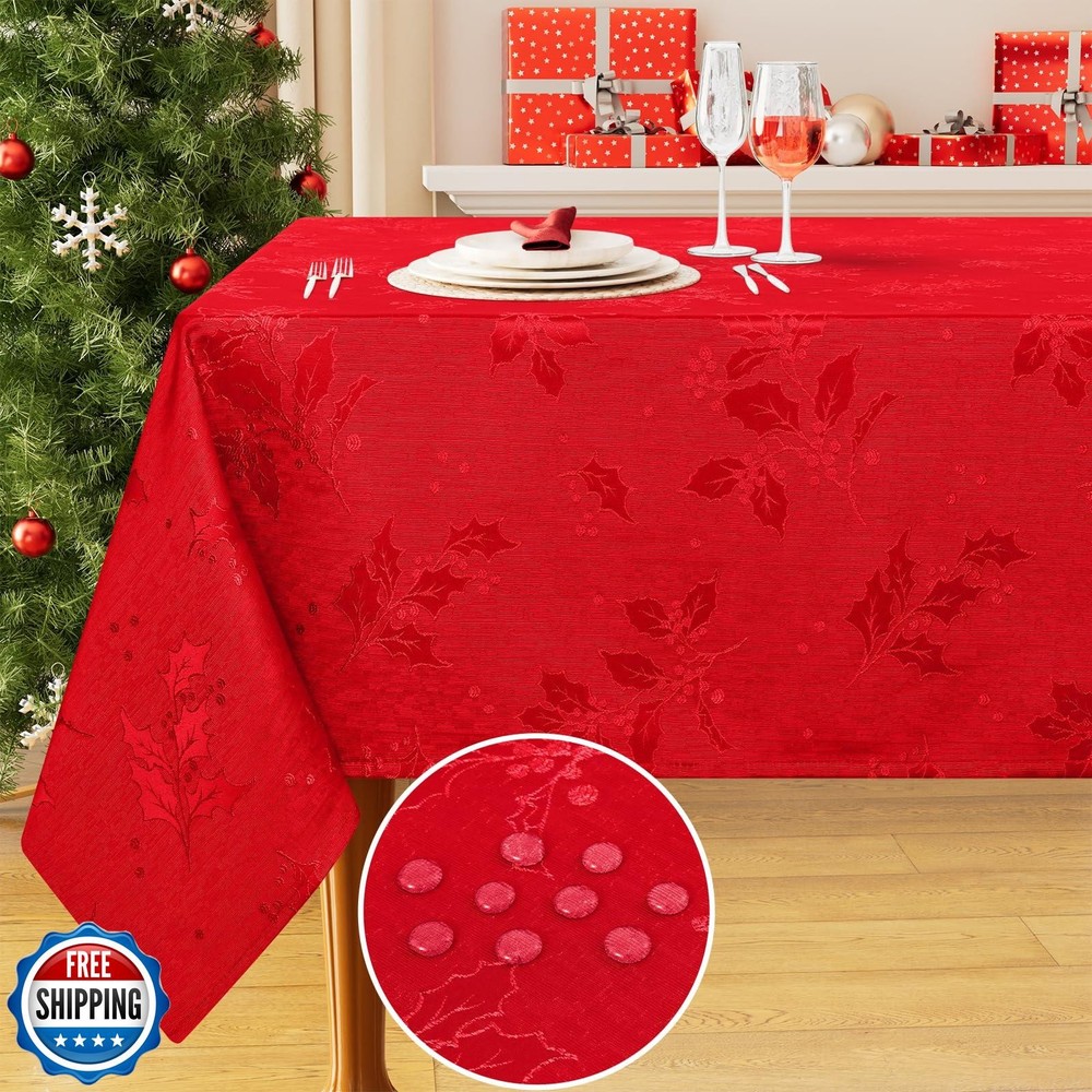 Smiry Rectangle Christmas Red Tablecloth, 60x84 Inch Waterproof Damask Table