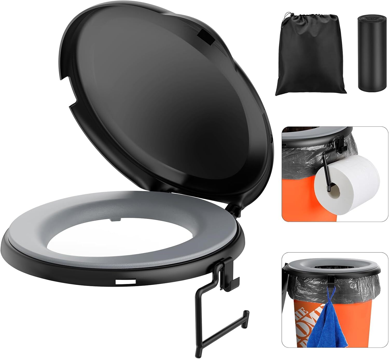 5 Gal Bucket Toilet Seat with Cushion, Storage Bags and Disposable Toilet Bags