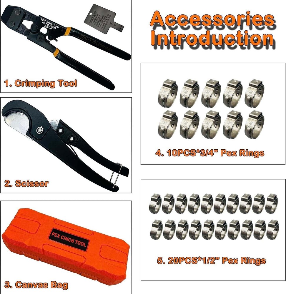 Pex pipe cinch clamp tool with clamps and pipe cutter