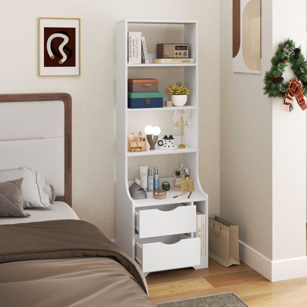 Bedside table with bookshelf and two storage drawers