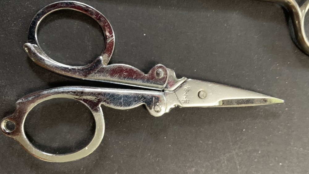 Antique Pair Sewing Scissors Lot Pinking Shears Button Hole Primitive Folding