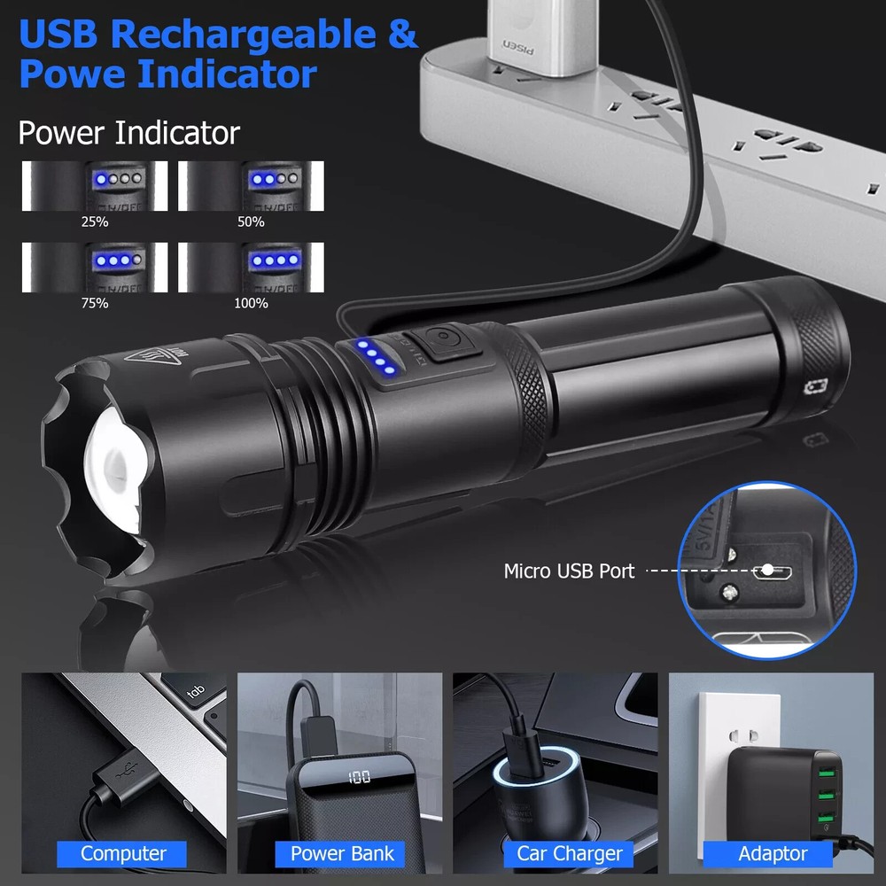 1000000 Lumens Super Bright LED Tactical Flashlight Rechargeable LED Work Light