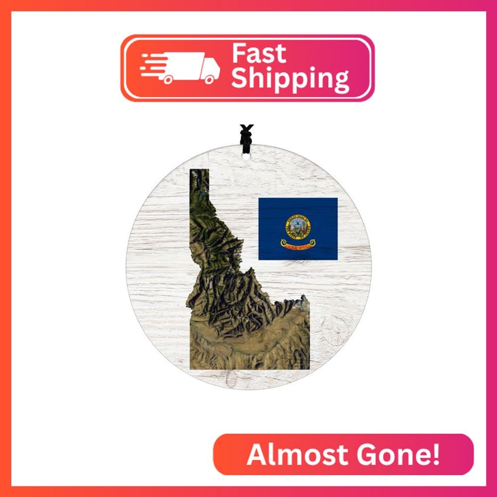 Idaho Christmas Ornament - Rustic Design Featuring State Flag and Terrain Map -