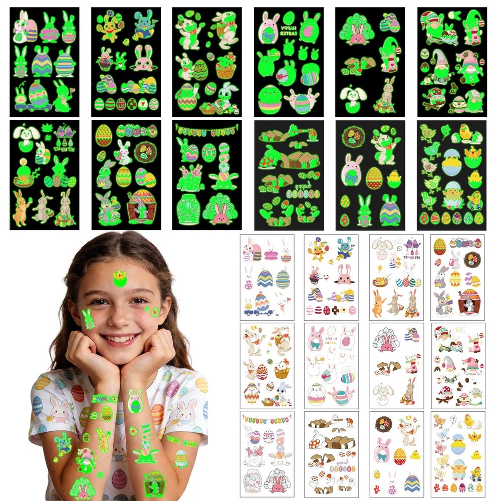 144Pcs Luminous Easter Temporary Tattoos, Egg Fillers Multicolor