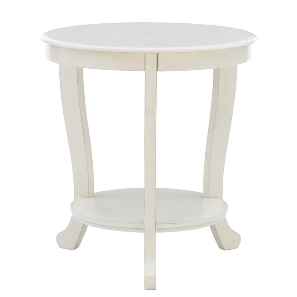 Pemberly Row Round Transitional Wood Side Table with Shelf in White Multi-Step