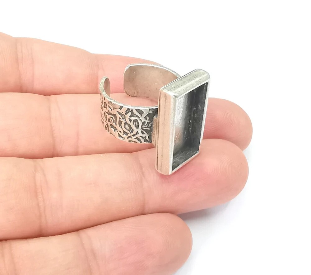 Rectangle Antique Silver Ring Blank Settings, Cabochon Mounting Adjustable Resin