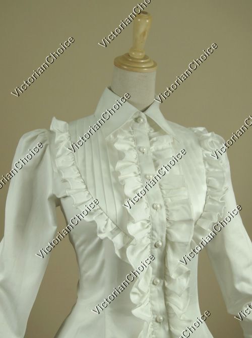 Victorian Gothic Women White Vintage Cotton Shirt Blouse Steampunk Costume B007