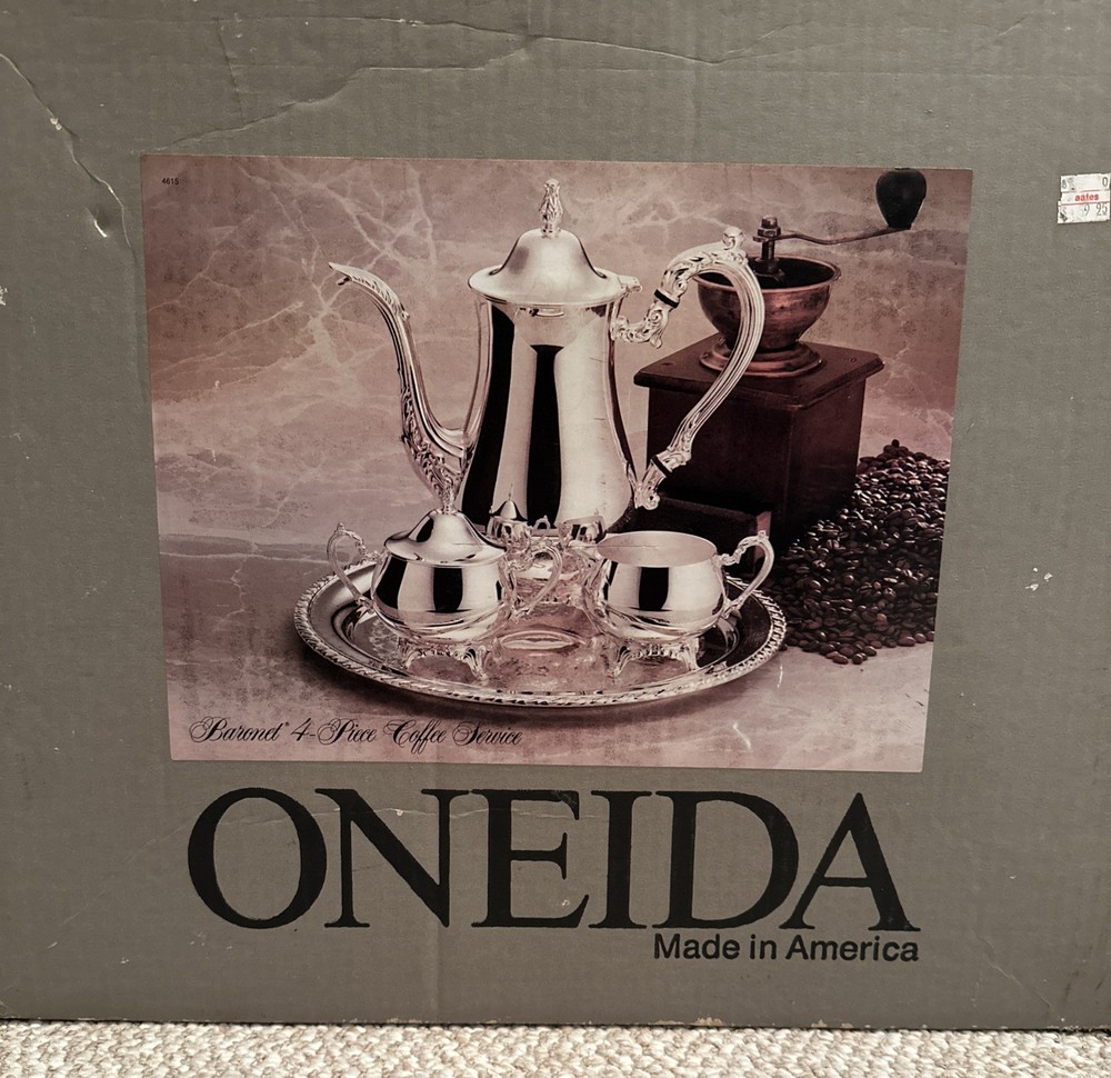 1987 Oneida Baronet Silverplated 4 Piece Coffee Service Set W/Box