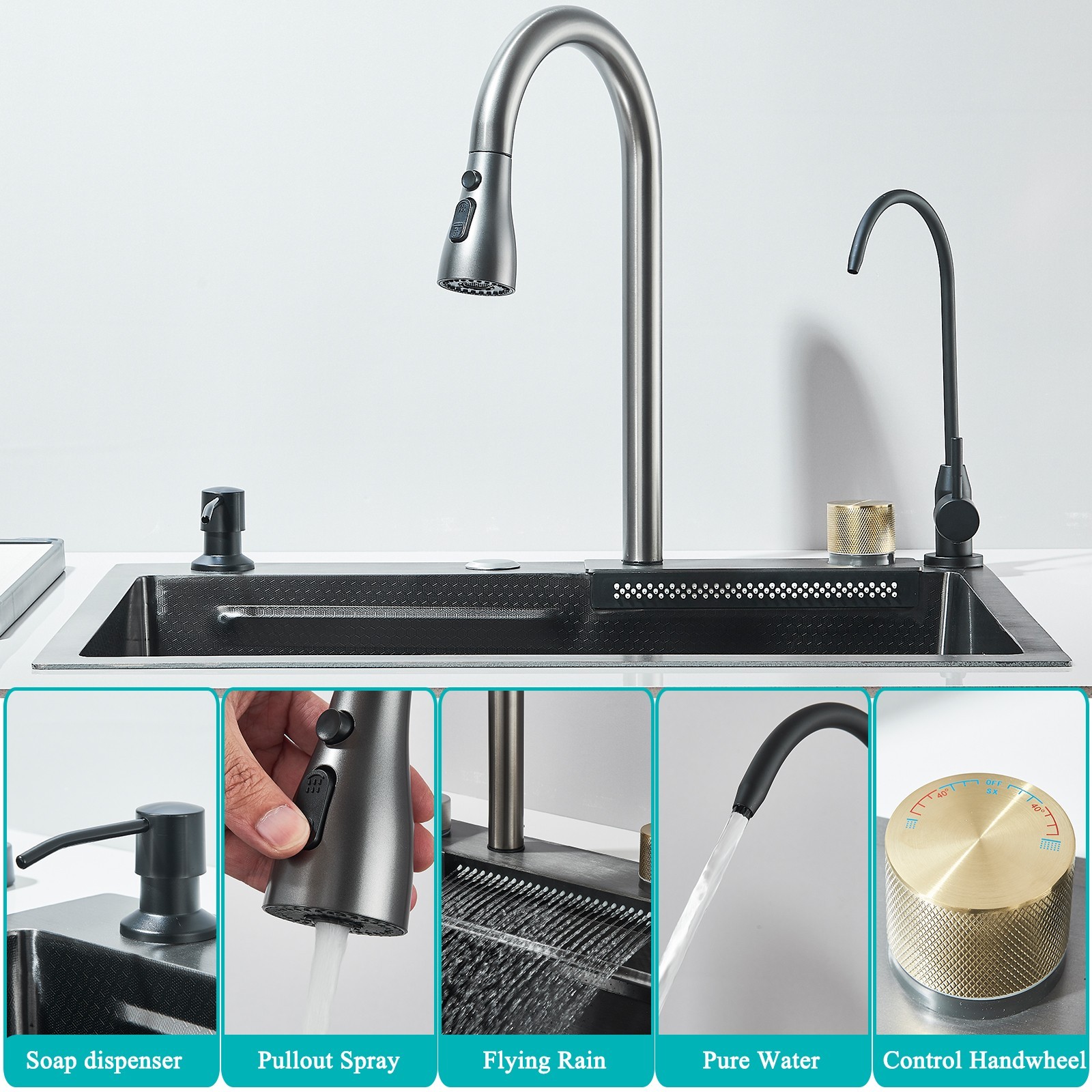 24" Flying Rain Stainless Steel Waterfall Kitchen Sink with Faucet Single Bowl