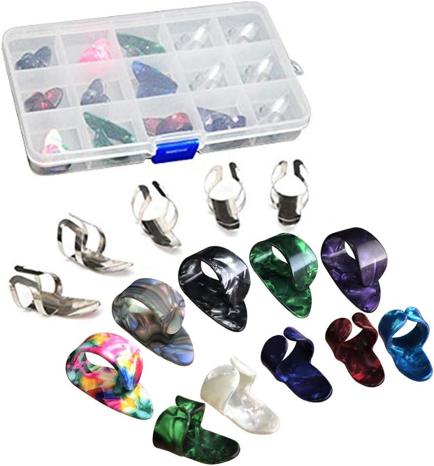 15Pcs Stainless Steel Celluloid Thumb Finger Guitar Picks Plectrum + 15 Grid Cas