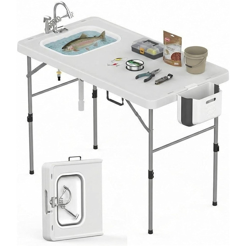 Foldable Fish Cleaning Table w Sink & Sprayer,Portable Camping Table for Outdoor